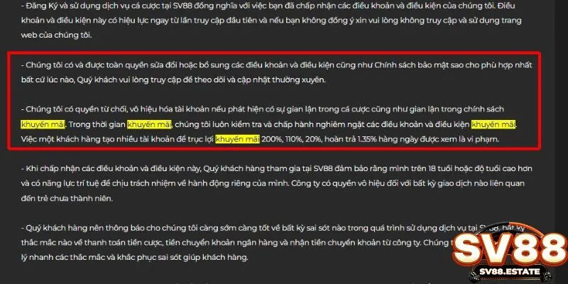 Điều khoản điều kiện của SV88 đối với khuyến mãi